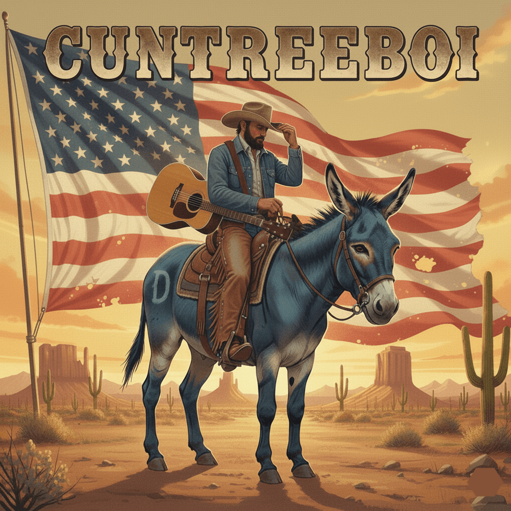 Illustration of Cuntreeboi tipping his hat, seated on a blue donkey with a guitar, a huge US flag behind him in the desert