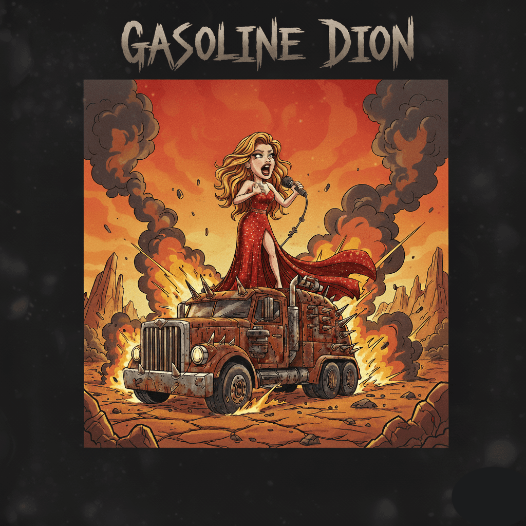 Comic-book illustration of Gasoline Dion belting into a mic in a red gown atop a rusty, spiked semi truck in a fiery wasteland