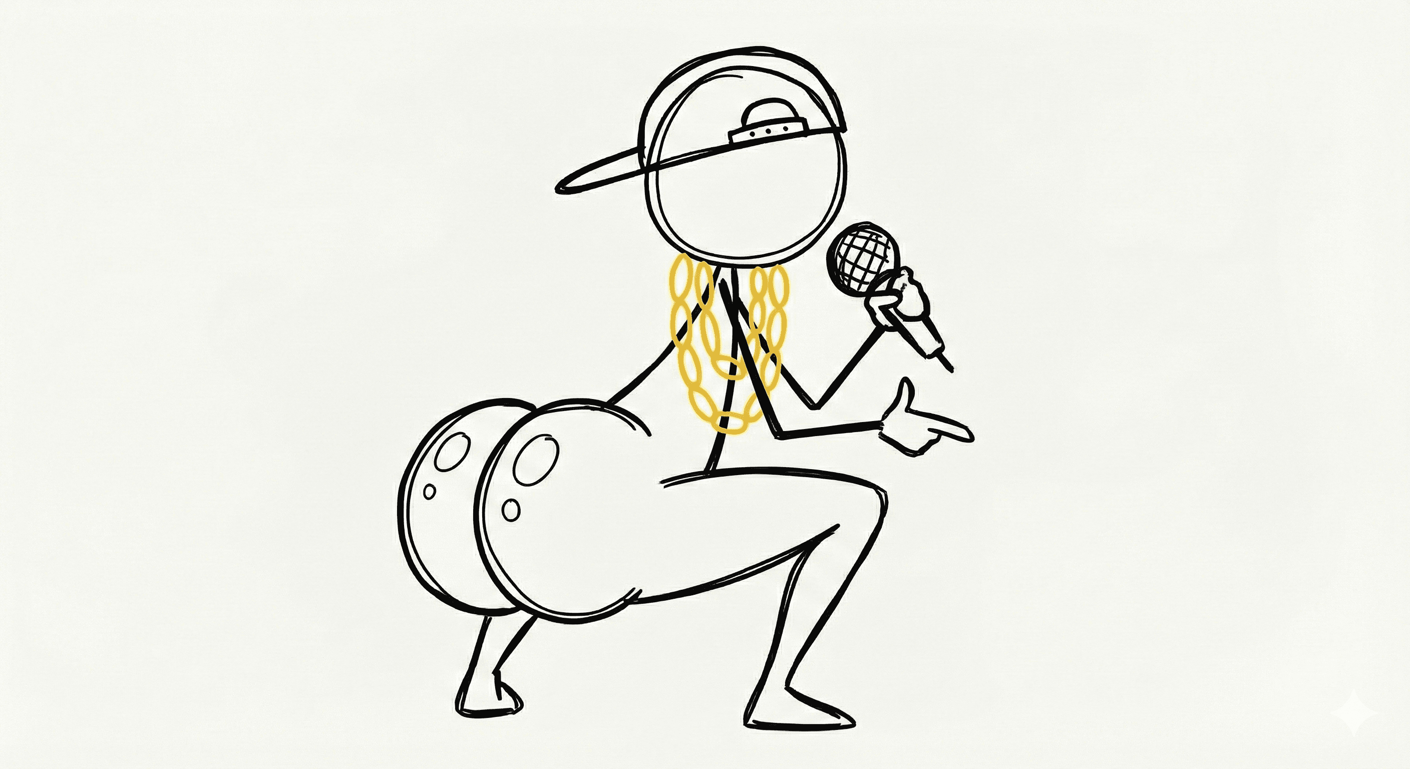 Line-drawing of Kall of Booty mid-squat in a backwards cap and gold chains, holding a microphone