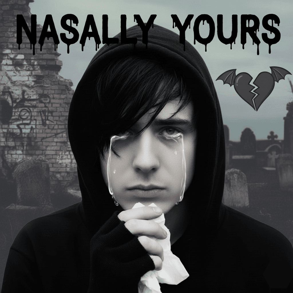 Photo of a hooded emo kid with swept bangs crying into a tissue in a graveyard, under a dripping NASALLY YOURS logo